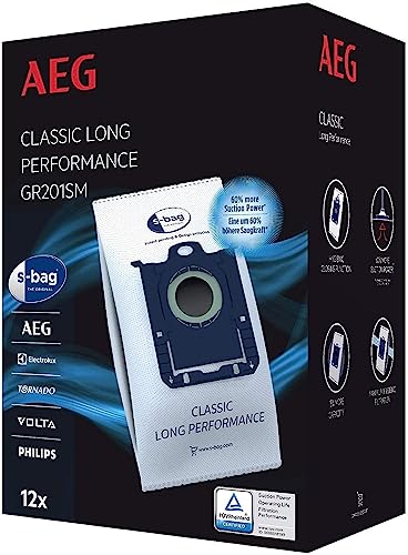 AEG GR201SM s-bag Staubbeutel Classic Long Performance MegaPack / 12 Synthetik Staubsaugerbeutel für dauerhaft hohe Saugleistung / optimale Filtration / Hygieneverschluss / 60% mehr Saugkraft / weiß