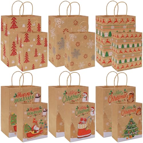 12 Stück Geschenktüten Weihnachten, 2 Größen Weihnachtstüten Papiertüten mit Griff, Weihnachts Kraft Geschenktaschen, Kinder Papier Weihnachtstaschen, Zur Aufbewahrung von Geschenken, Partyzubehör