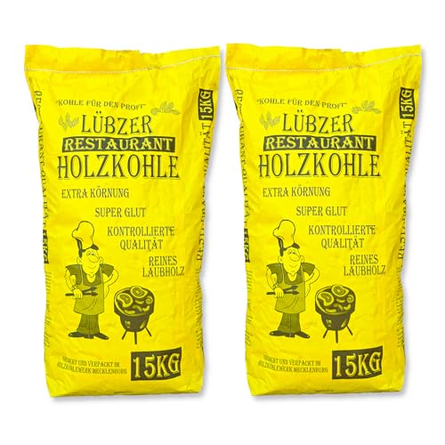 30 kg (2 x 15 kg) Restaurantholzkohle Lübzer Premium Holzkohle große Stücke Grillkohle Grillholzkohle Kohle Steakhouse Charcoal für Holzkohlegrill für Grill, Smoker, Dutch Oven | Energie Kienbacher