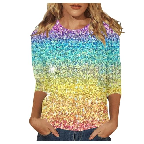 Generisch Funkelndes Pailletten-Print-Top für Damen, 3/4-Ärmel, Festival-Bluse für Karneval Party Silber 925 Set Damen (Multicolour, XL)