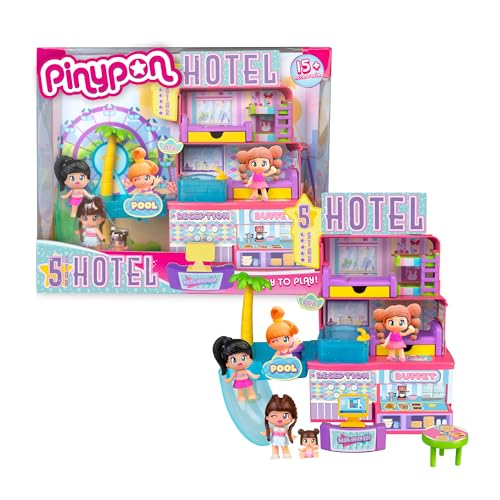 Pinypon Hotel mit 5 Sternen, Hotelspielset mit 2 Figuren, Hotelzubehör, Hotel bestehend aus Einer Rezeption, Buffet, Familienzimmer und Suite, Kinder ab 4 Jahren, berühmt (PNY74000)