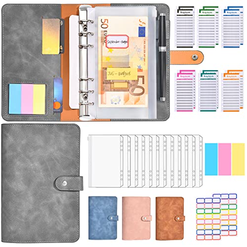 Budget Planner Deutsch - A6 PU Leder Budget Binder Geld Organizer Sparen - Finanzplaner Cash Stuffing Haushaltsbuch mit Geldfacher - Budgetplaner Sparbuch mit Folien für Sinking Funds , Grau