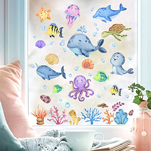 WandSticker4U®- [59 tlg. Set] wiederverwendbar Fensterbilder selbstklebend Kinder UNTERWASSERWELT I Fenster Aufkleber Fenstersticker Fische Meerestiere Fliesen Bad Kinderzimmer GROß