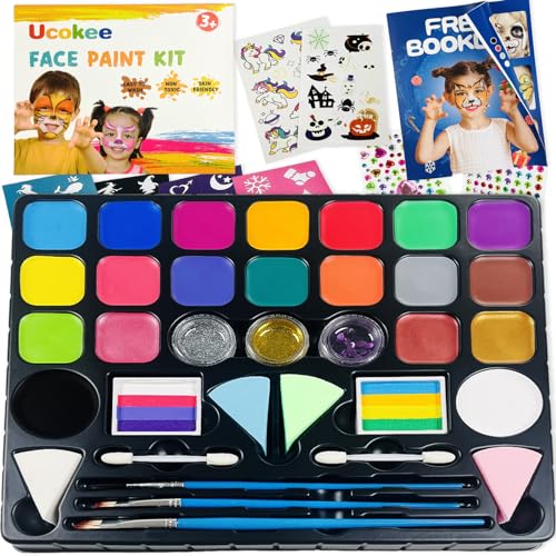 Ucokee Kinderschminke Set, 20 Farben Schminke Kinder mit 2 Regenbogenfarbe, 2 Leuchtende Tattoo Sticker und Broschüre - Professionelle Schminkset Kinder für Halloween, Karneval, Geburtstag, Party