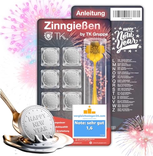 Happysparks® 7er Zinngießen mit Zinn Giessen wie Bleigießen Bleigiessen mit & Löffel & Orakelheft mit Deutungen - Gesellschaftspiele & Partyspiele 2025 Feuerwerk Silvester Neujahr