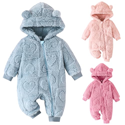 Winmany Neugeborenes Baby Winter Schneeanzug Bär Fleece mit Kapuze Jumpsuit Herz Strampler Wintermantel Outwear für Jungen Mädchen (Blau, 3-6M)