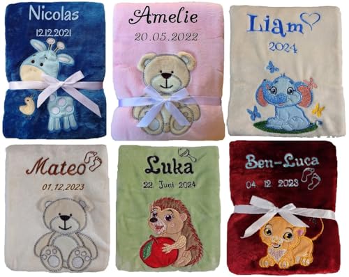 Wuff-Dogsworld Kuschlige Babydecke SUPER FLAUSCHIG Bestickt mit Namen und Datum Viele Farben für Jungen & Mädchen