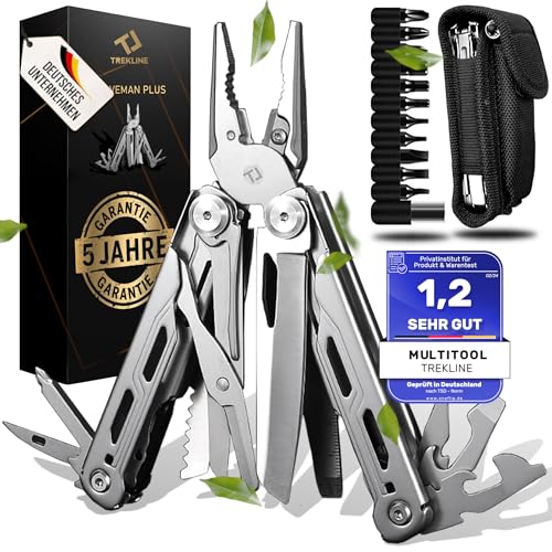 TREKLINE Premium Multitool Werkzeug [rostfreier Edelstahl] Survival Multifunktionsmesser perfektes Camping Zubehör, Multifunktionswerkzeug [28 Funktionen] Taschenmesser Outdoor, Camping Messer