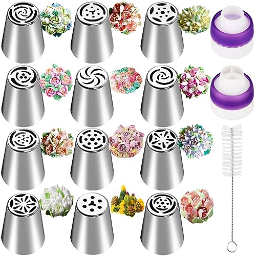 PEAKTOP 12 Russische Spritztüllen Set Profi Groß, Spritztüllenset Russisch Blumen, Edelstahl Kuchen Dekorieren Düsen, Kuchen Einrichtungstipps mit 2 Düsenkonverter für Backen DIY Cupcakes Dessert