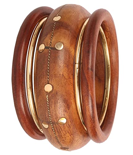 Touchstone NEU, indischer Meisterschmuck, handgefertigt in Naturholz und Messing, feine Verarbeitung, Statement-Armband- und Armreif-Set für Damen im Designer-Schmuckstil