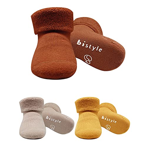 bistyle Baumwolle 3 Paar Baby Socken für Neugeborene Anti Rutsch Dicke Manschette | Nahtlose Babysocken | Jungen Mädchen Kleinkind Socken (as3, age, 2_years, 3_years, Braun)