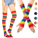 AUNGCSHE 2-Teiliges Set, 1 Damen Gestreifte Overknees Strümpfe, 1 Regenboge Handschuhe, Kniestrümpfe Regenboge, Fingerlose Handschuhe, Kostüm für Weihnachten Karneval Warm Halten(Rot)