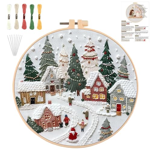 Sticken Set Erwachsene，Stickset Weihnachten Stickset für Anfänger Embroidery Kit Stickerei Set, Stick And Poke Set Stickbilder Stickrahmen DIY Set, Kreuzstich Set Weihnachten Deko (Ferien-Dorf)