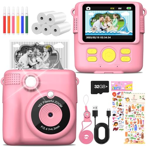 MILFECH Kinderkamera Sofortbildkamera, 1080P 2,4 Zoll Bildschirm DigitalKamera Kinder mit 5 Rollen Druckpapier,32GB Karte, Fotokamera mit 6 Farbigen Stiften,2 Aufkleber Geschenk für Kinder (Rosa)