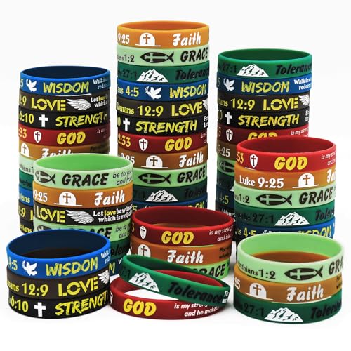 NAHRMY Bibelvers Gummi-Armbänder, Christliche Jesus Inspirierende Gummiarmband Silikonarmbänder Motivationsarmbänder Religiöse Armbänder Geschenke für Männer Frauen Party Kirche (49 Stück Dark)