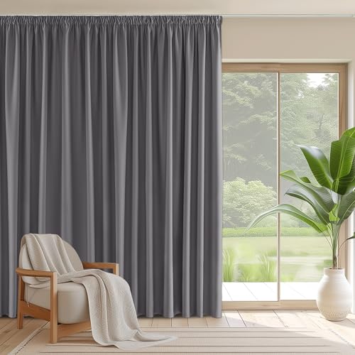PONY DANCE Extra Breite Gardinen Blickdicht Kräuselband Raumteiler Vorhang für Schiene 1er-Set H 245 x B 300 cm Graue Blickdichte Vorhänge Kräuselband Wohnzimmer Thermogardine Kälteschutz