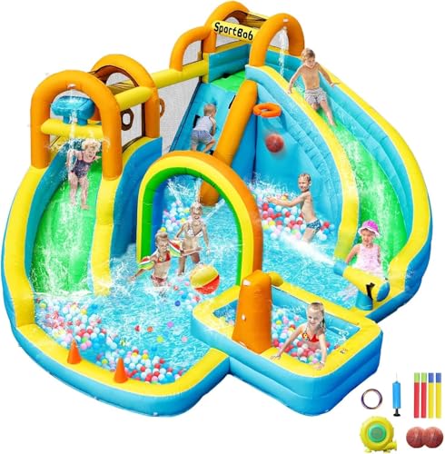 SportBob Regenbogen Wasserhüpfburg mit Wasserrutsche und Gebläse, XXL Hüpfburgen für Kinder 3-10 Jahre Indoor & Outdoor, Doppelrutsche, Regenbogentor, Wasserkanonen