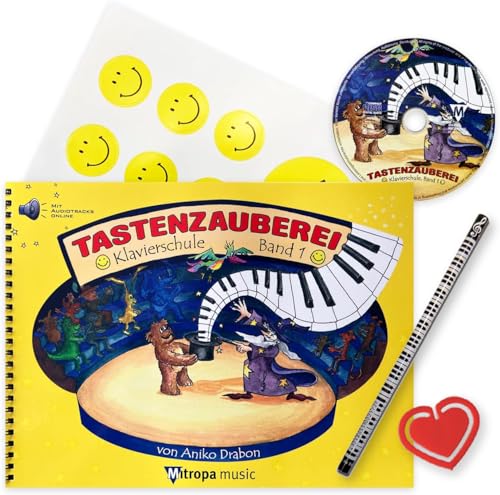 Tastenzauberei Klavierschule Band 1 mit CD + Online-Audiotracks Mikrofasertuch, Bleistift, Notenklammer und 7 lustigen Smiley-Stickern - Spiralbuchbindung