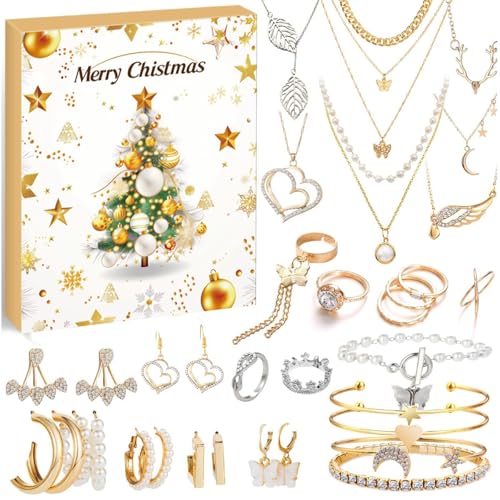 XCMVCN Adventskalender Schmuck Frauen Teenager Mädchen 2024 Weihnachtskalender Schmuck Halskette Ohrringe Armband Ringe