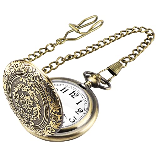 JSMTKJ Taschenuhr, Vintage Taschenuhr mit Kette, Arabisch Ziffern Quarz Taschenuhr für Männer Frauen Vater Opa Geburtstag Jahrestag (Bronze)