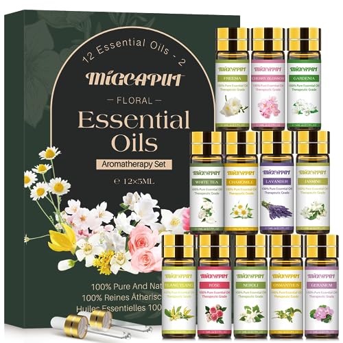 Migcaput Diffuser Ätherische Öle, 12X5ml Blumen Aroma Diffuser Öl,100% Naturrein Essential Oils, Aromatherapie Duftöle für Diffuser Luftbefeuchter Kerzen Seifen - Kamille, Geranie, Freesie, Jasmin