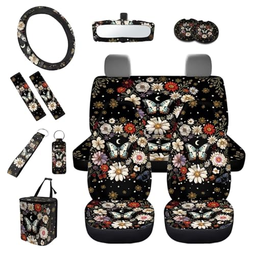 TOADDMOS Autozubehör Gänseblümchen Blume Schmetterling Auto Sitzbezüge Komplettes Set / Lenkradbezug / Sicherheitsgurt Schulterpolster / Schlüsselanhänger / Lippenstifthalter / Untersetzer /