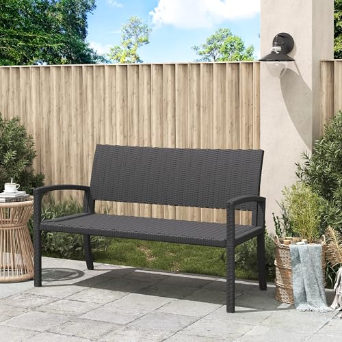 Amopatio Polyrattan Gartenbank, Wetterfest Sitzbank UV-beständig, Gartenmöbel bis 240kg belastbar für 2 Personen Garten Terrasse Bank, 122x60x87cm, Schwarz