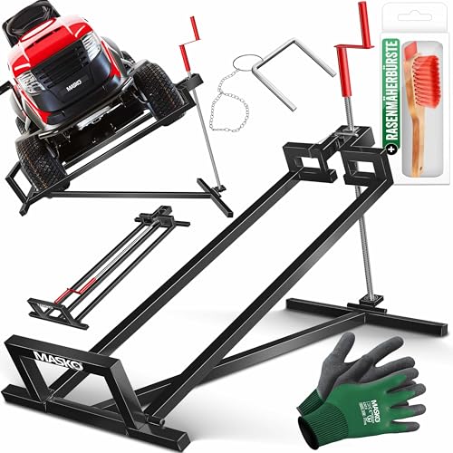 MASKO® XXL Rasentraktorheber 450 kg Hebevorrichtung Hebebühne Aufsitzmäher Reinigungshilfe universal, Rasentraktor-Heber, Rasentraktor +45° Neigung verstellbar inkl. Arbeitshandschuhe & Bürste Schwarz
