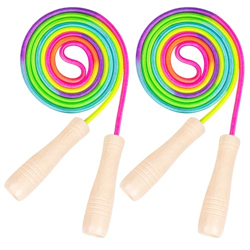 2 Stück Springseil Kinder, 260cm Verstellbares Springen Seil mit Holzgriff und Regenbogen-Springseil, Skipping Rope Kids für Fettverbrennung & springen Übung & Fitness
