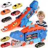 Varrotoy Dinosaurier LKW Spielzeug mit 8 Rennautos aus Legierung,3 in 1 Autotransporter Spielzeug für Kinder,Auto Spielzeug mit Rennstrecke für Jungen und Mädchen ab 3 Jahren