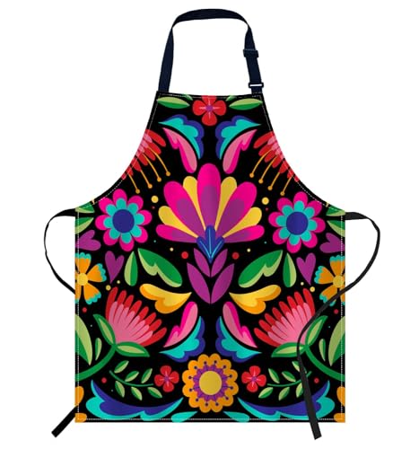 Smooffly Bunte Schürze mit mexikanischem Blumenmuster, verstellbarer Hals, Latzschürze für Männer und Frauen, geeignet für Küche, Kochen, Kellnerin, Kochschürze, Buntes mexikanisches Blumenmuster,