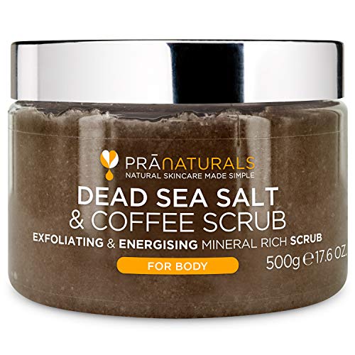 PraNaturals Körperpeeling mit Salz aus dem Toten Meer 500g - Feuchtigkeitsspendend & pflegend, Natürlichen Ölen & Mineralstoffen, keine Parabene, vegan, frei von Tierversuchen (Kaffee)