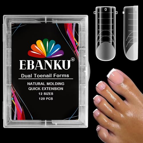 EBANKU 120PCS Polygel Tips Nagelformen für Zehen, Lange Quadratische Dual Tips Nägel für Pediküre Nagelverlängerung, Poly Gel Zehennägel Set, Wiederverwendbar Zehen Nagelspitzen Form, 12 Größen