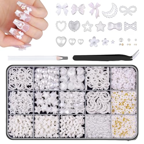 Goiern 3D Nagel Charms für Nagel Design Set, Weiße Nagel Schleifen Diverse Perlen Herz Stern Schleifen Nagel 3D Blüten Charms und Nagel Perlen für Nagel Dekoration