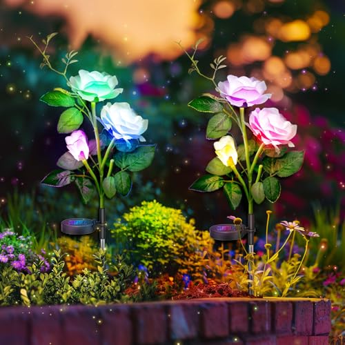 Anordsem solarlampen für außen Garten,2 Stück Farbwechsel LED Rose Lichter,Solarlampe Wasserdicht blumen für Garten terrasse balkonkasten hof Pathway outdoor Dekoration (Weiß)