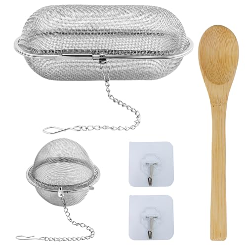 2 Stück Gewürzsiebe, Gewürzfilter aus Edelstahl, rostfreier, wiederverwendbarer Teefilter, mit 2 Haken und 1 Holzlöffel, für Tee, Gewürze, Kräuter, Suppen