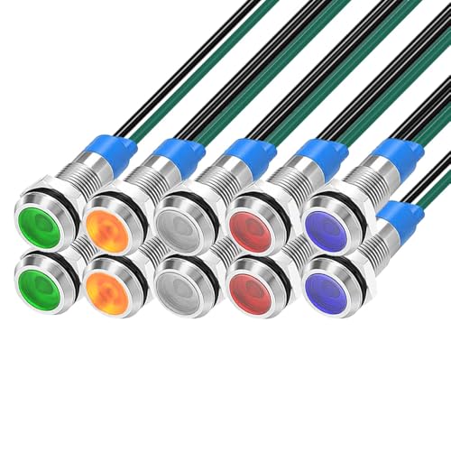 Gebildet 10Stück 6mm 3V-4.5V-5V-6V-7.5V-9V LED Metall Kontrollleuchte Wasserdichte Signallampe Pilot Dash mit Draht (Rot/Orange/Blau/Grün/Weiß)