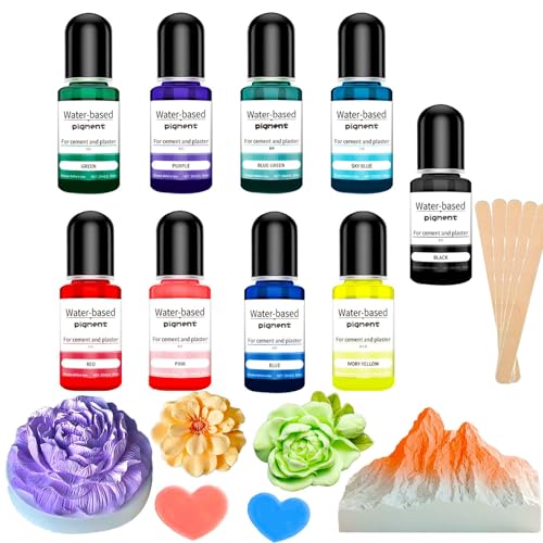Altaroo 9 Stück Farbpigmente für Gießpulver, Gießpulver Farbe 9 Farben mit 5 Rührstäbchen, Farbe für Gießpulver Pigment auf Wasserbasis für Betonfarbe, Gips, Zementfarbe, Keramik -je 10ml
