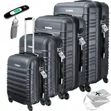 KESSER® 4pcs Hartschalenkoffer Reisekoffer Set Trolley Koffer inkl. Gepäckwaage + Gepäckanhänger rollendes Kofferschloss, 4 Rollen ABS, Hartschale Teleskopgriff S-M-L-XL, anthrazit, S-M-L-XL, Trolley