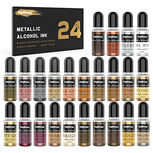 Metallic Alkohol Tinte Set - 24 Farben Hochkonzentrierte Tinte auf Alkoholbasis, konzentrierte Epoxidharzfarbe Farbstoff Ideal für Harz-Petrischalen, Untersetzer, Malerei (je 10 ml)