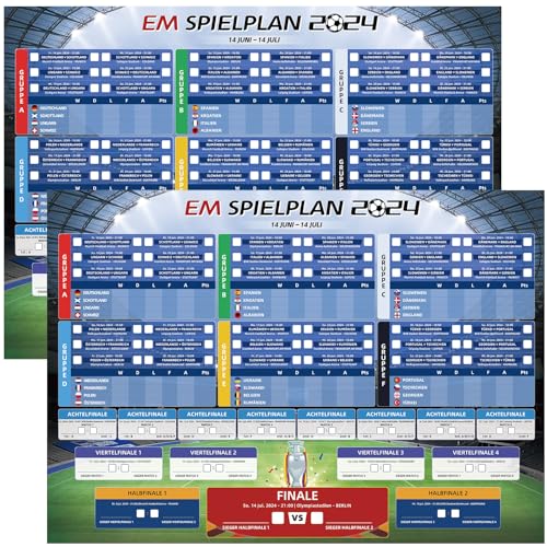 AhfuLife 2 Stück EM Spielplan Poster für Euro Dekoration 2024 - A2 Format EM Fussball Planer - Europameisterschaft 2024 Spielplan, Geschenke für Fußballfans (Gefaltet, 42cm x 59cm)