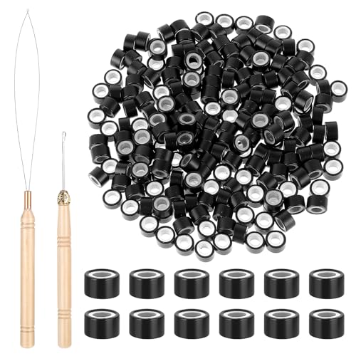 200 Stück Haarverlängerungen Ringe, Abeillo 4,0 mm Microring Extensions Echthaar, Haar Verlängerungen Perlen, Nanoringe mit Silikon, Perlengerät Werkzeugsätze mit Ziehenden Haken Nadel (Schwarz)