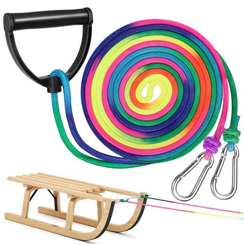 Draupnir 4m Schlittenseil mit Griff, Premium Schlittenseil Zugseil, Extra Lang Schlittenseil Durchmesser 8 mm mit 2 Karabiner, Regenbogen Farbe, Schlitten Leine für Schlitten und Rodel im Winter