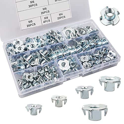 110 Stk Vier-Prong T-Nüsse Kits, Einschlagmuttern mit 4 Einschlagspitzen Verzinkte Gewinde T-Nüsse Sortiment, für Holz, Möbelherstellung, Kletterwand(M4/M5/M6/M8/M10)