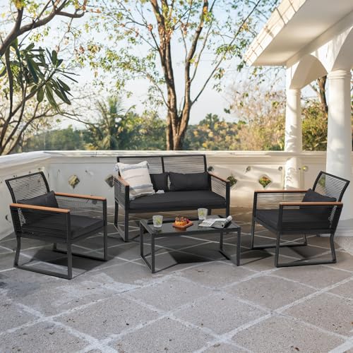OC Orange-Casual 4 tlg Gartenmöbel Set, Rattan Terassenmöbel für Außenbereich, Rattan Sitzgruppe für 4 Personen, mit Beistelltisch und Kissen,2 Packet insgesamt, für Balkon, Garten, Hinterhof, Schwarz