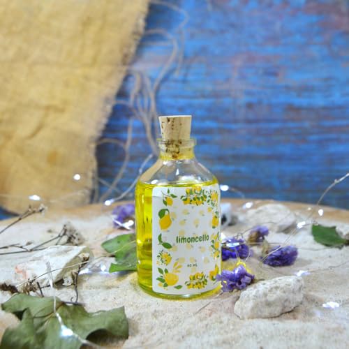 Espirito Rebelde Limoncello Glasflasche 50 ml mit Limoncello – Mini-Flasche mit Korkverschluss, Gastgeschenke – Dekoration für Hochzeit, Taufe – Box, personalisierbares Etikett, Kraftpapier und Schnur