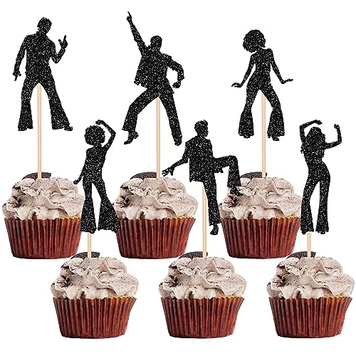 30 Stück 70's Disco Tortendeko Glitzer 70s Disco Dancing Cupcake Toppers für Musik Hochzeit Geburtstag 70's Disco Tänzer Cupcake Dekorationen Party Schwarz