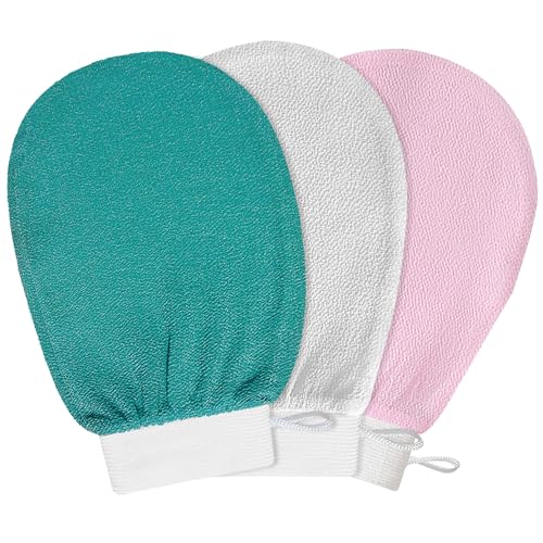 Peeling-Handschuh, 3 Stück, Körperpeeling, Bad, Spa, Duschhandschuhe, Körperbeinschrubber, weich, koreanisches Peeling, Waschhandschuhe für Damen und Herren, Weiß & Grün & Rosa