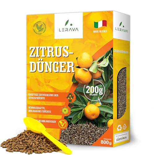 LERAVA® Zitrusdünger [BIO] - 800g - Kräftiges Wachstum, schmackhafte biologische Früchte - Für Topf und Garten - Dünger zitruspflanzen + Messbecher - zitronenbaum dünger - 100% Made in Italy