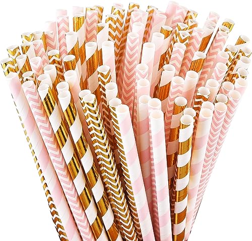 ALINK Biologisch abbaubare Papierstrohhalme, 100 rosa Strohhalme/Goldstrohhalme für Partybedarf, Geburtstags-, Hochzeits-, Braut- / Babypartydekorationen und Feiertagsfeiern